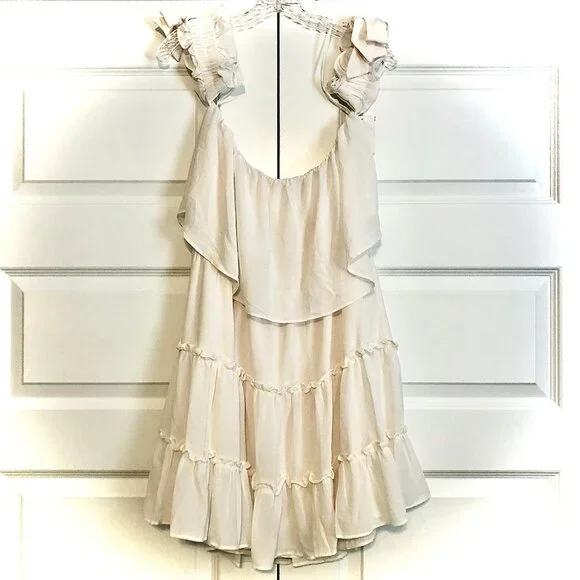 MABEL by ANTHROPOLOGIE Rayna Boho Off Shoulder Tiered Mini Sundress Cream L - Picture 4 of 6
